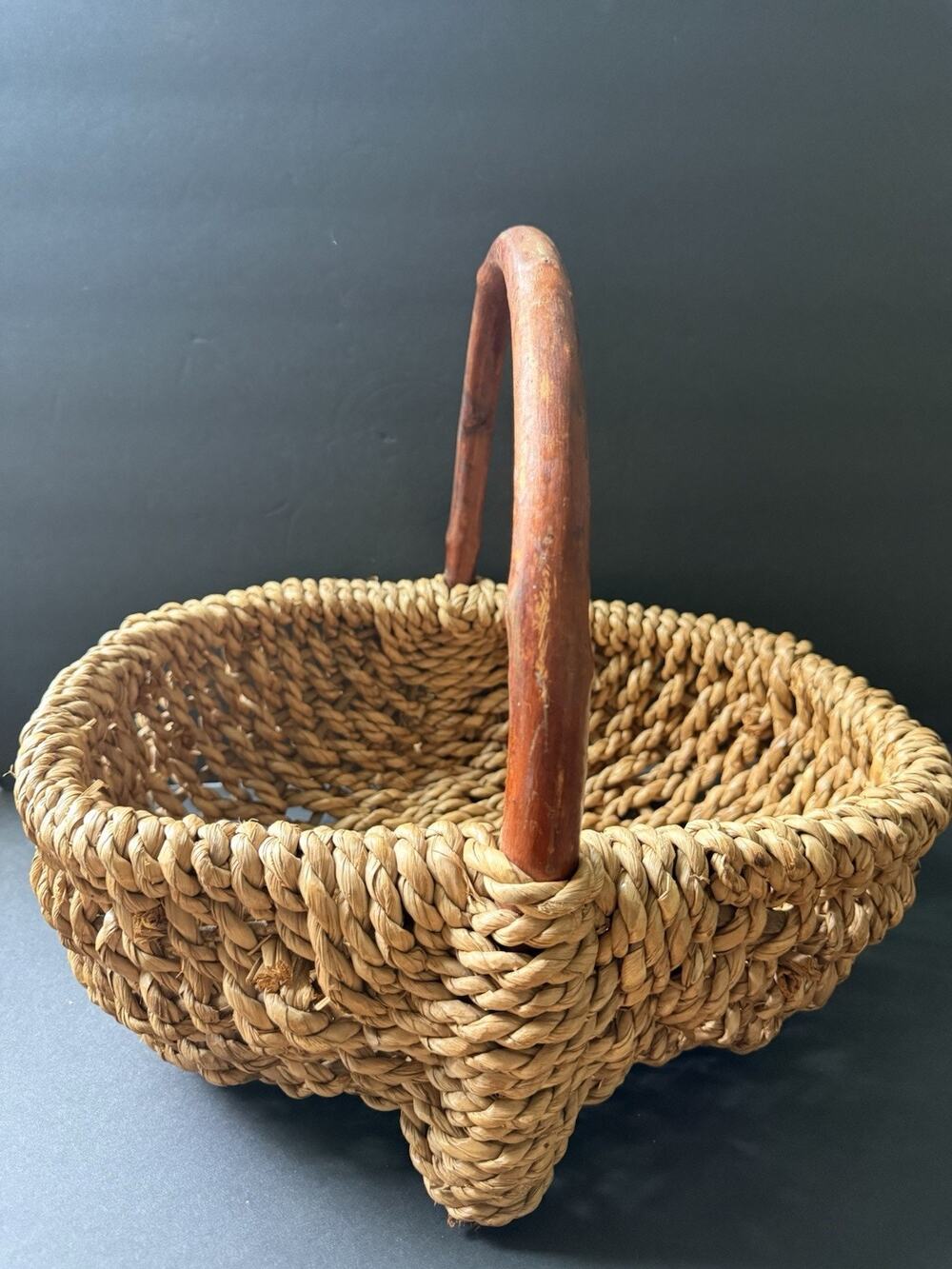 Vintage Handcrafted Handwoven Rope Grass Weave Basket Wood Handle Artisan